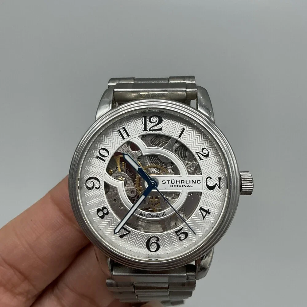 Stuhrling Delphi Mens Watch 35mm Silver Skeleton Dial Stainless Automatic 6.5